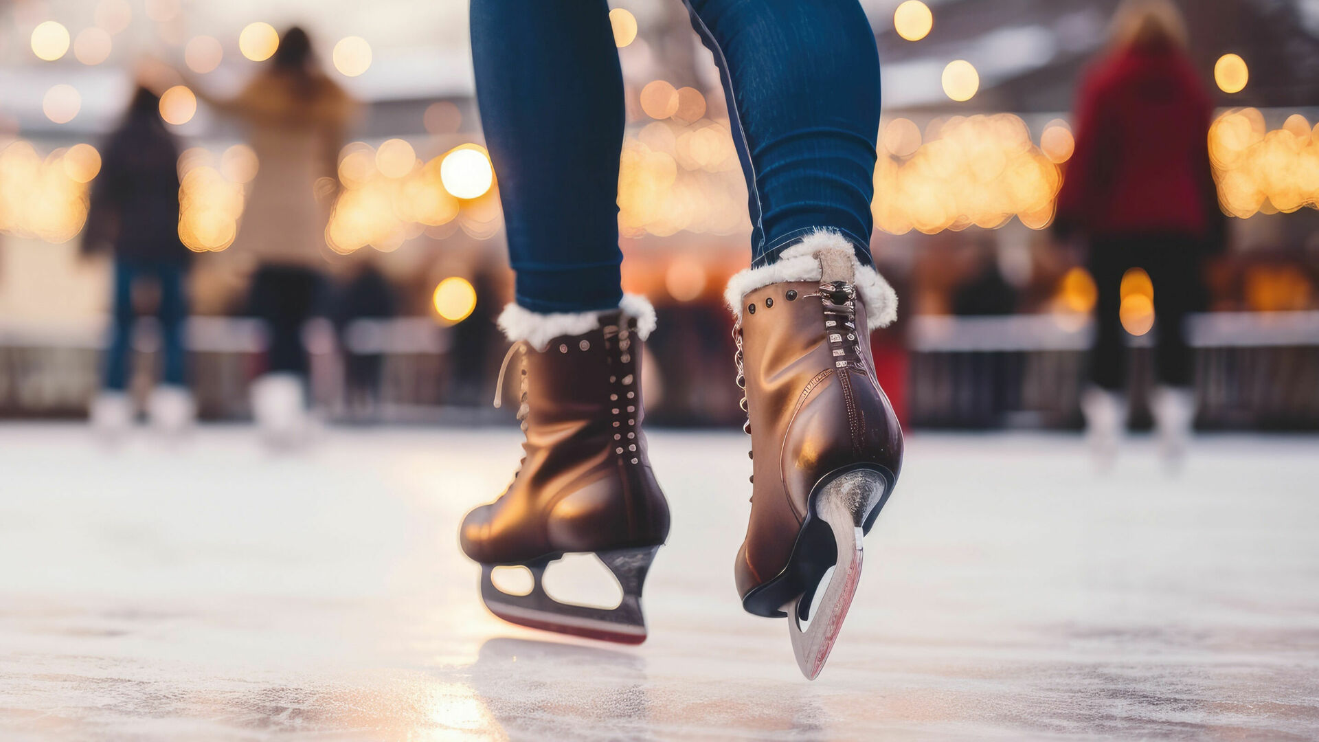 Schlittschuhe auf Eislaufbahn, Eisläufer im Hintergrund